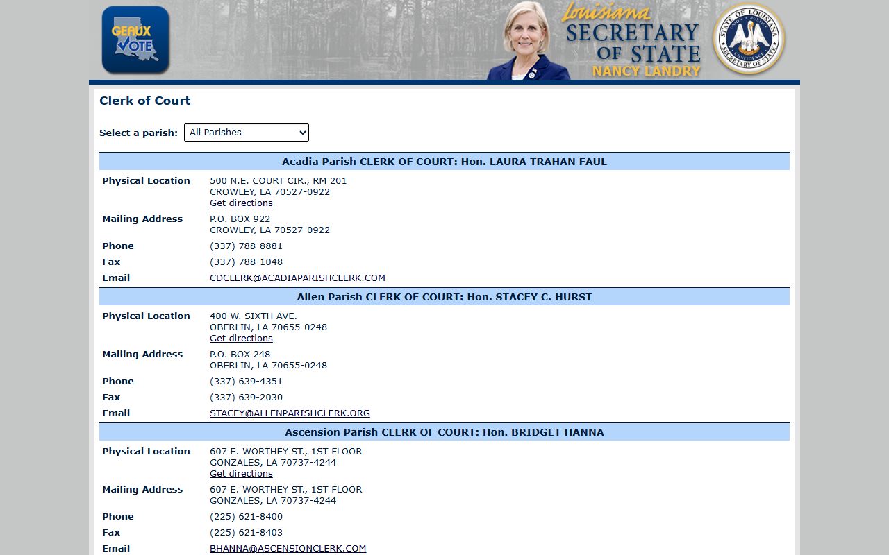 St. Helena Parish Clerk of Court Louisiana Secretary of State clerk directory