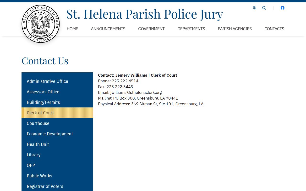 St. Helena Parish Clerk of Court parish contact information