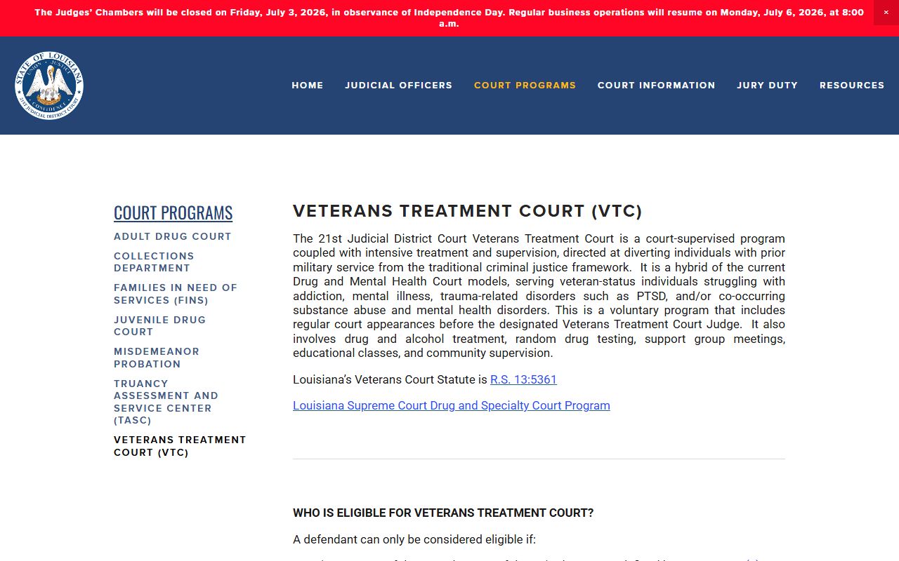 St. Helena Parish arrest records and court charges Veterans Treatment Court