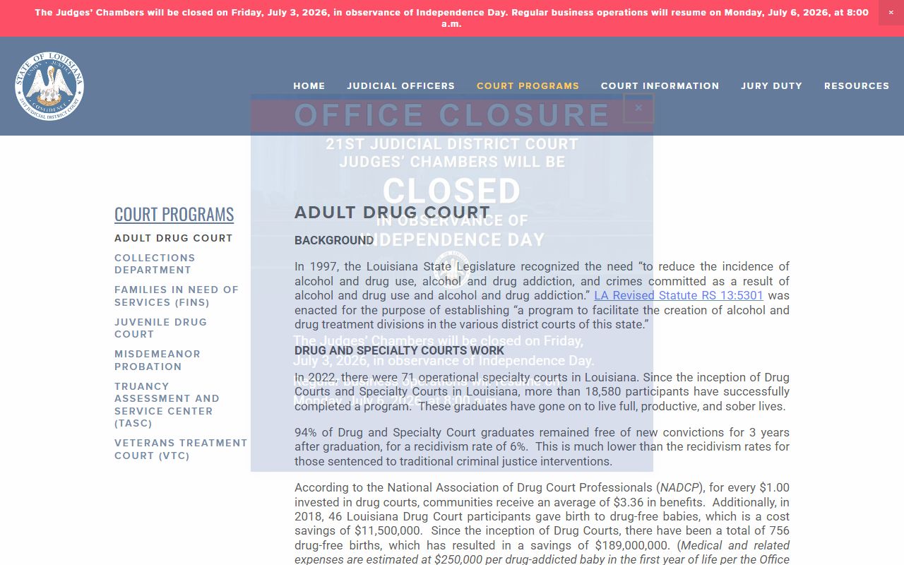 St. Helena Parish arrest records and court charges Adult Drug Court