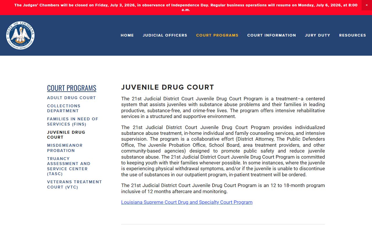 St. Helena Parish arrest records and court charges Juvenile Drug Court