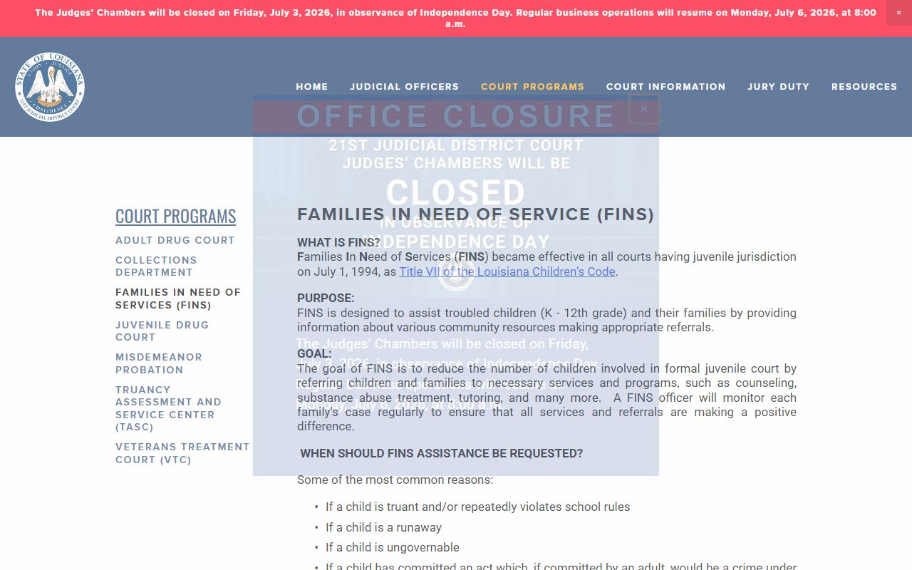 St. Helena Parish arrest records and court charges FINS program