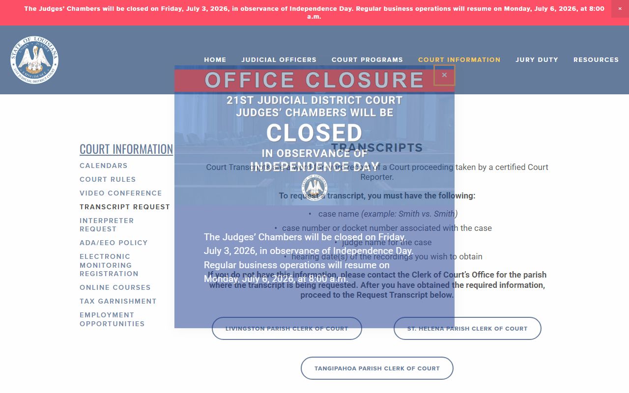St. Helena Parish District Court transcript request fields